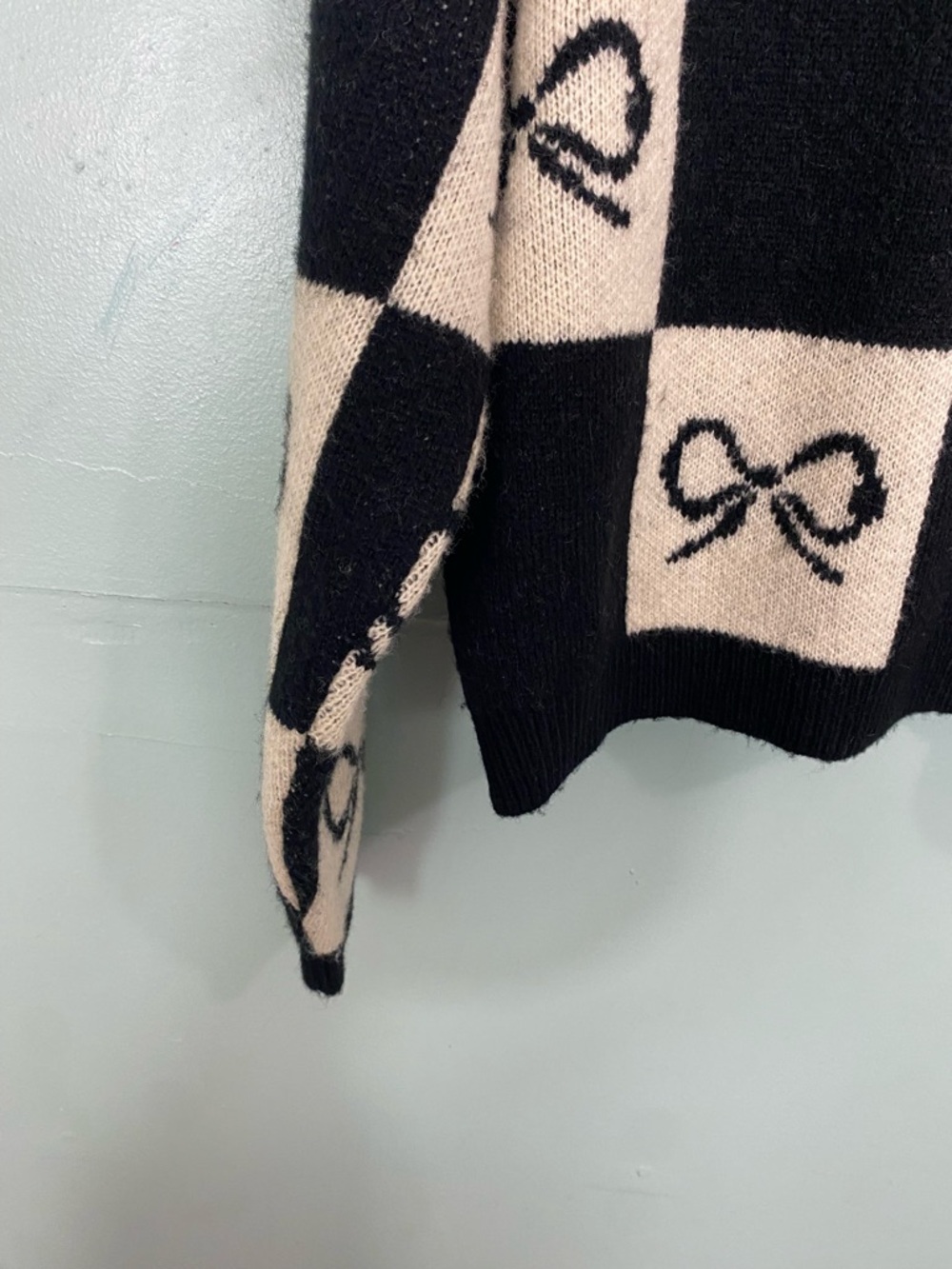 Lisa Says Gay Lauda Black‎ White Bow Check Plaid Cardigan Size Small & XS - Picture 10 of 12